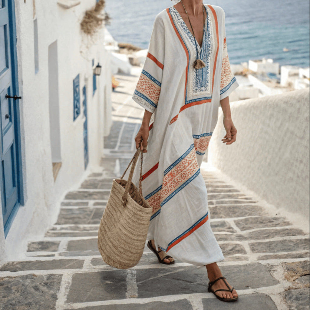 Five-quarter-sleeve Long Caftan Dress With Patch Pockets
