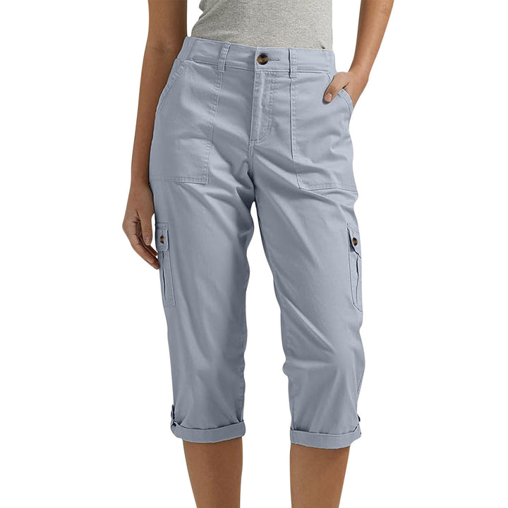 Solid Color Casual Cropped Pants - Women's High Waist Multiple Pockets Capri Trousers for Daily Wear