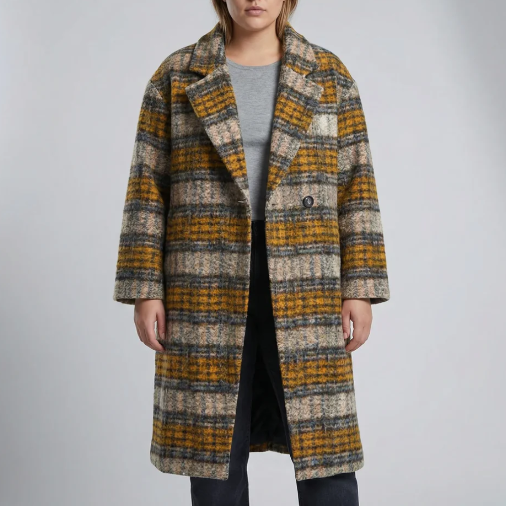 Long Plaid Colorblock Overcoat for Women