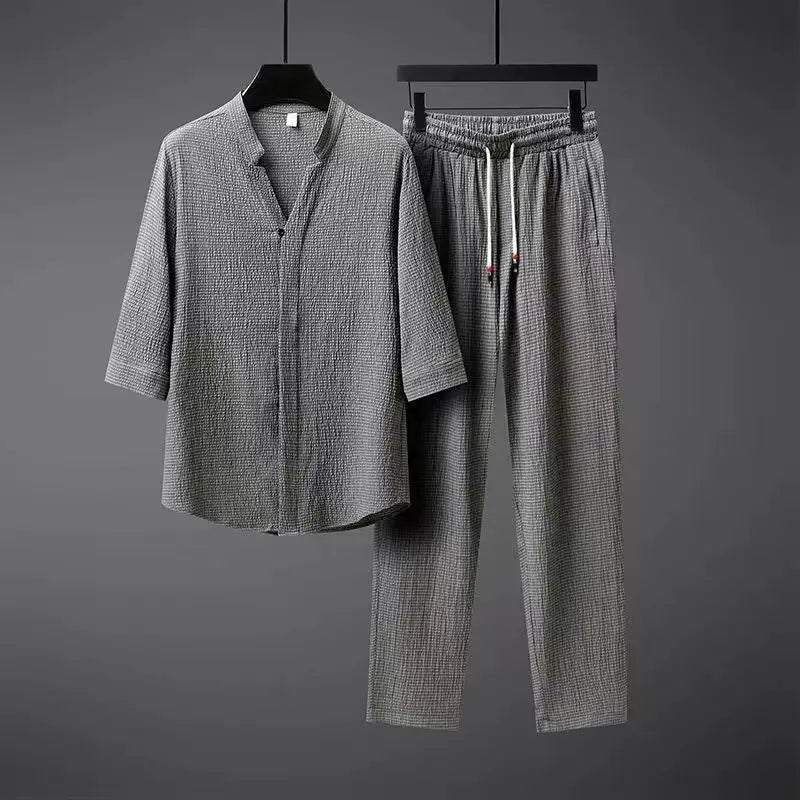 Vintage Linen Tracksuit 2-Piece Set for Men
