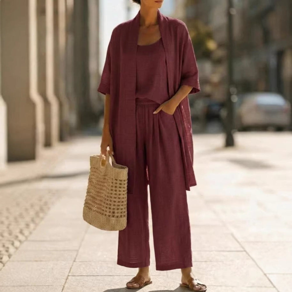 Three-piece Suit Women's Mid-length Cardigan Tank Top And Straight-leg With Pockets Fashion Trousers Set