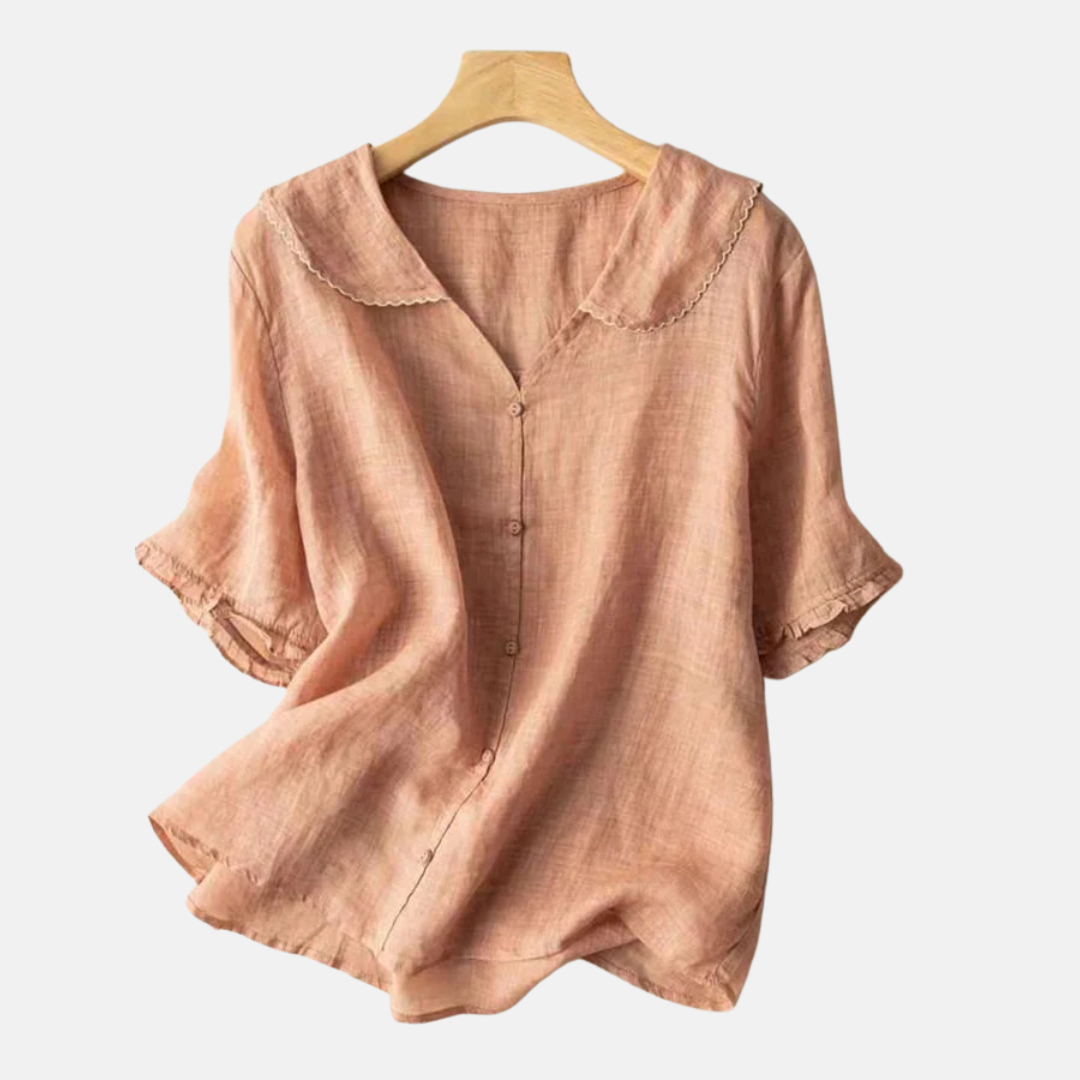 Women’s Cotton Linen Retro Shirt with Doll Collar