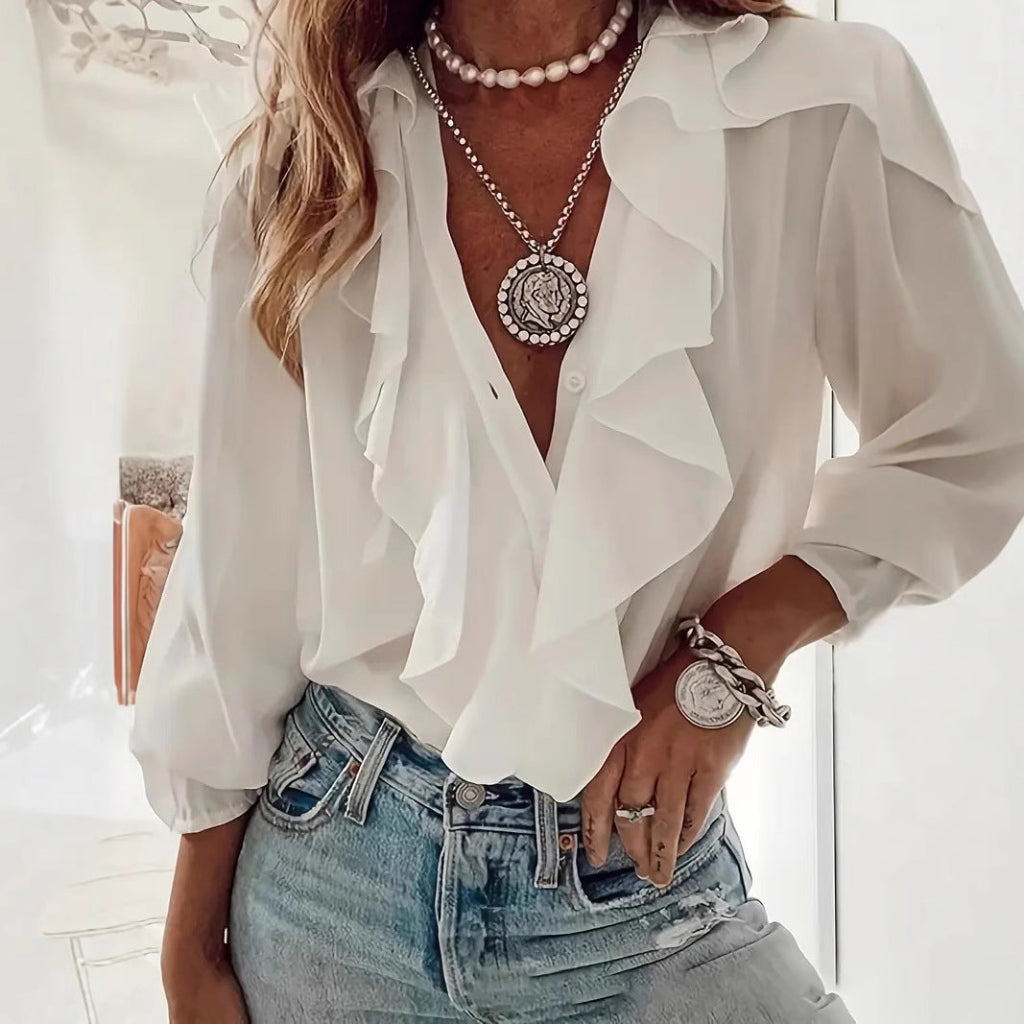 Ruffled-trim Shirt V-neck Long-sleeve Top Daily Commute Women&
