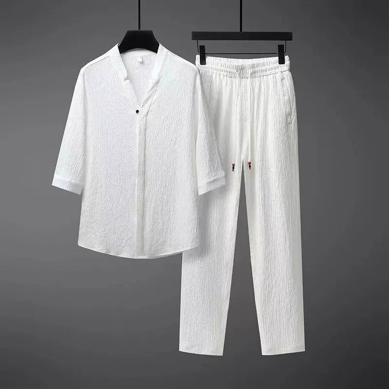 Vintage Linen Tracksuit 2-Piece Set for Men