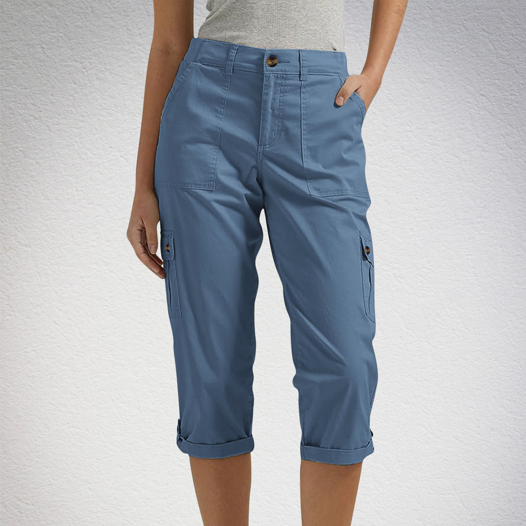 Solid Color Casual Cropped Pants - Women's High Waist Multiple Pockets Capri Trousers for Daily Wear