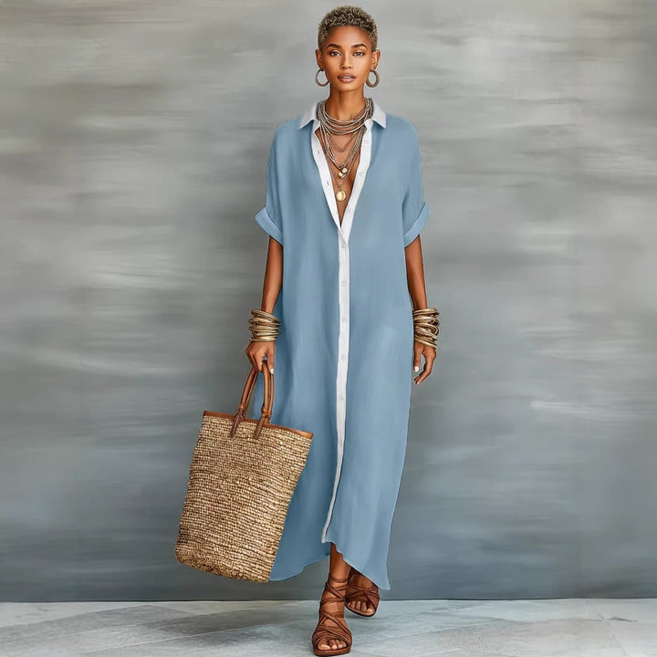 Color-blocked Loose  And Linen Long Dress Fashionable And Casual Dress