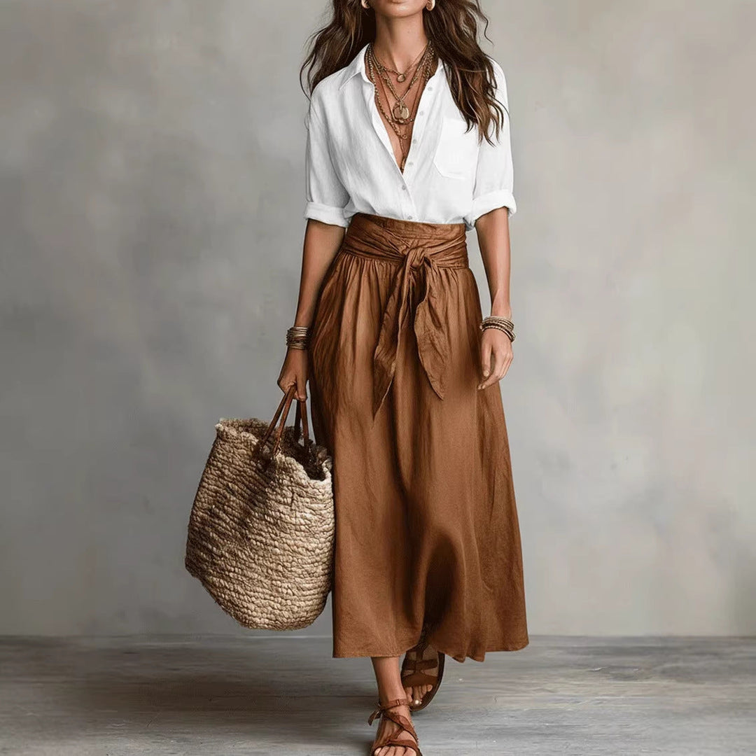 Summer Short-Sleeve Suits Fashion Casual Button-Down Shirt Top And Straight Skirt Women's Two-Piece Set