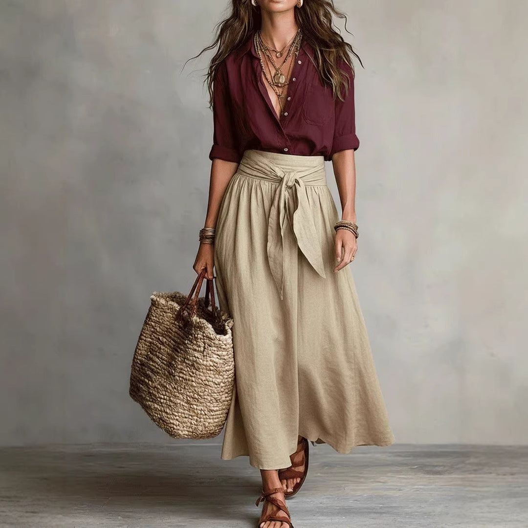 Summer Short-Sleeve Suits Fashion Casual Button-Down Shirt Top And Straight Skirt Women's Two-Piece Set