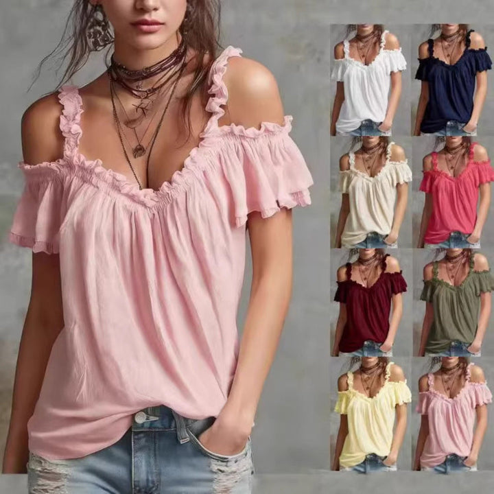 Summer Off-Shoulder Blouse Top Fashion Ruffled Strappy Short-Sleeved Shirt Y2K Sweet Women&