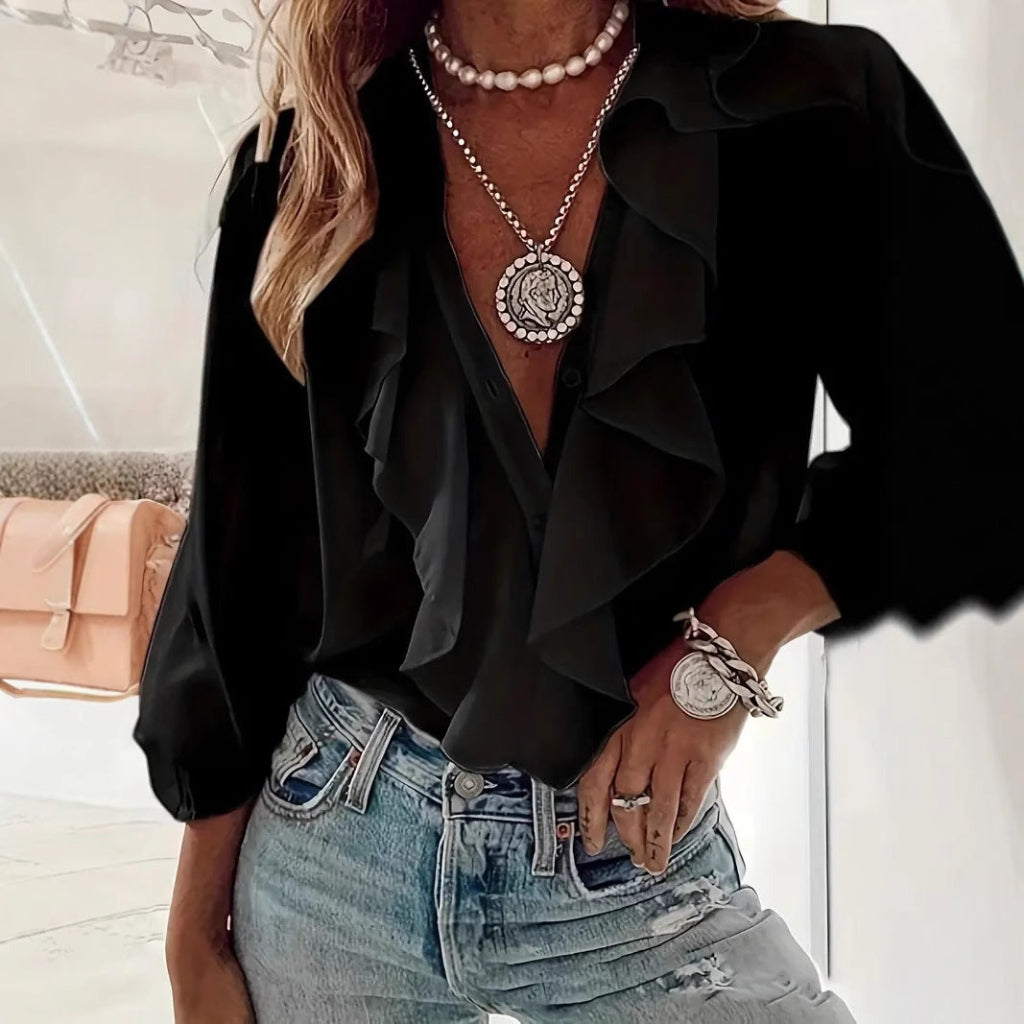 Ruffled-trim Shirt V-neck Long-sleeve Top Daily Commute Women&