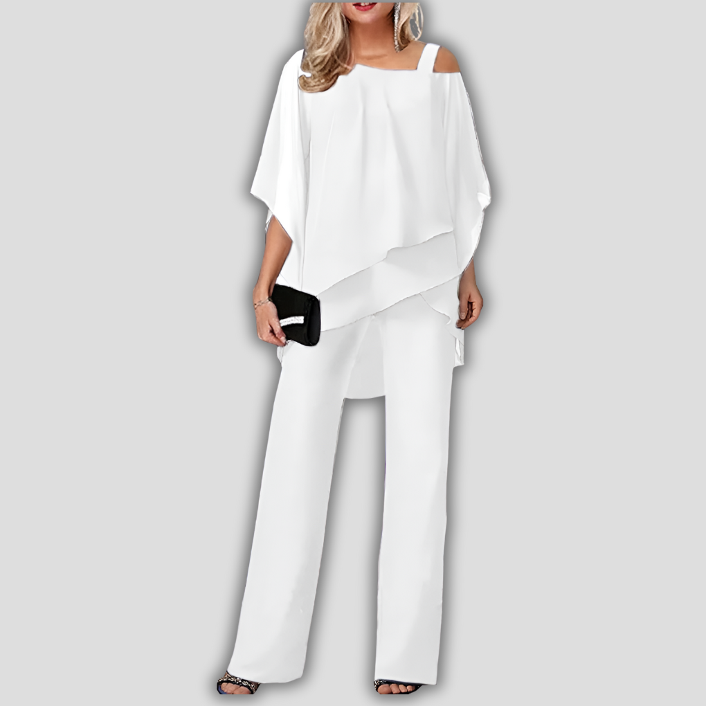 Elegant Two-Piece Chiffon Layered Cape Pantsuit for Women