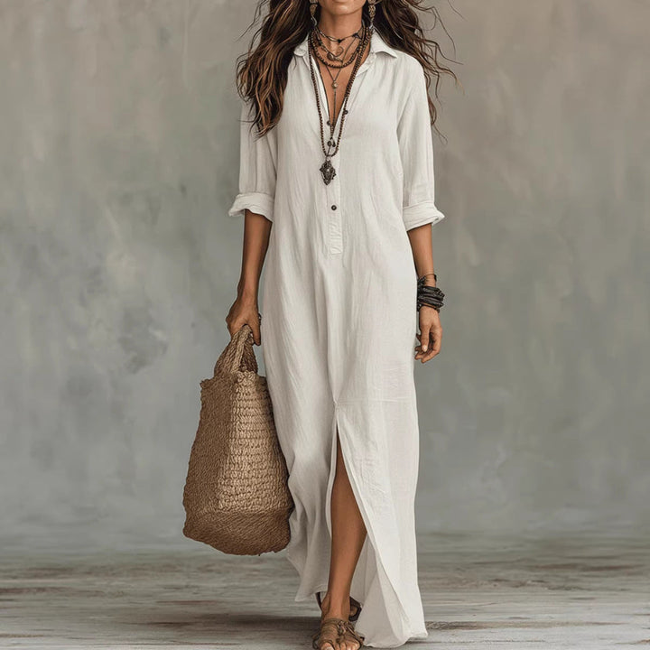 Long-sleeve Maxi Dress Casual Solid Color Lapel Collar Side Slit Beach Dresses Women&