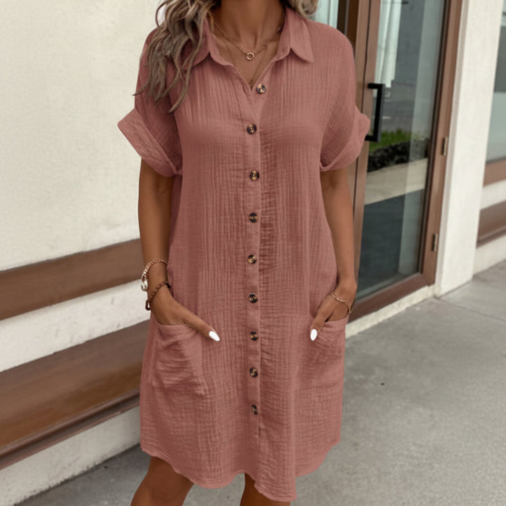 Summer Short Sleeve Shirt Dress Fashion Solid Color Single-breasted Mid-length Loose Dress