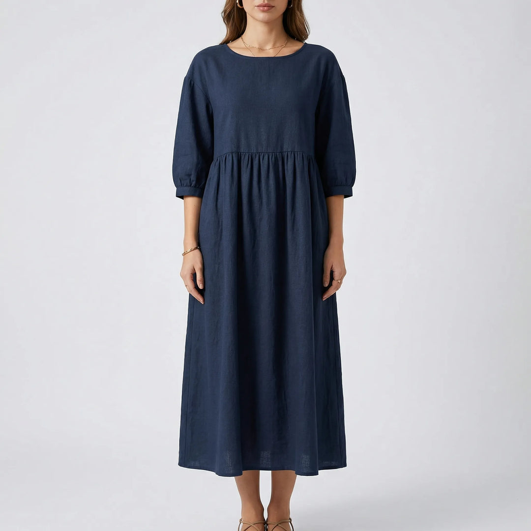 Florvana - 3/4 Sleeve Smocked Bodice Midi Dress