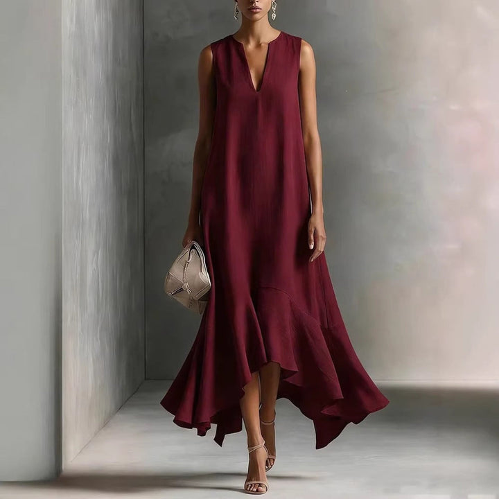 New Stylish Deep V-Neck Sleeveless Elegant Asymmetrical Hemline Dress