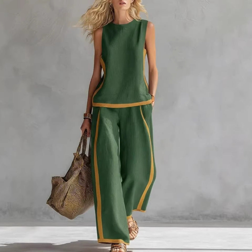 Summer Suits Round-neck Sleeveless Vest Top And High-waist Wide-leg Pants Casual Loose Set