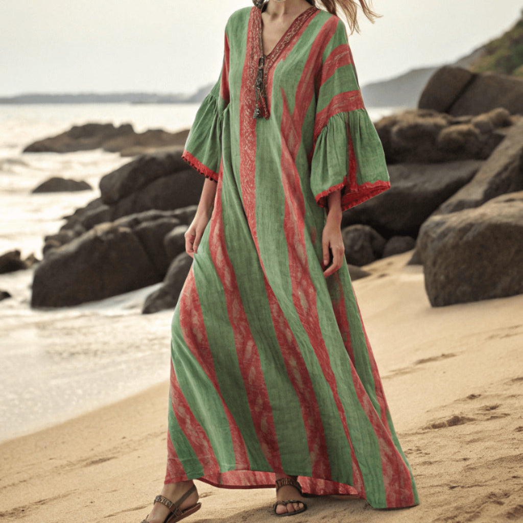 Five-quarter-sleeve Long Caftan Dress With Patch Pockets