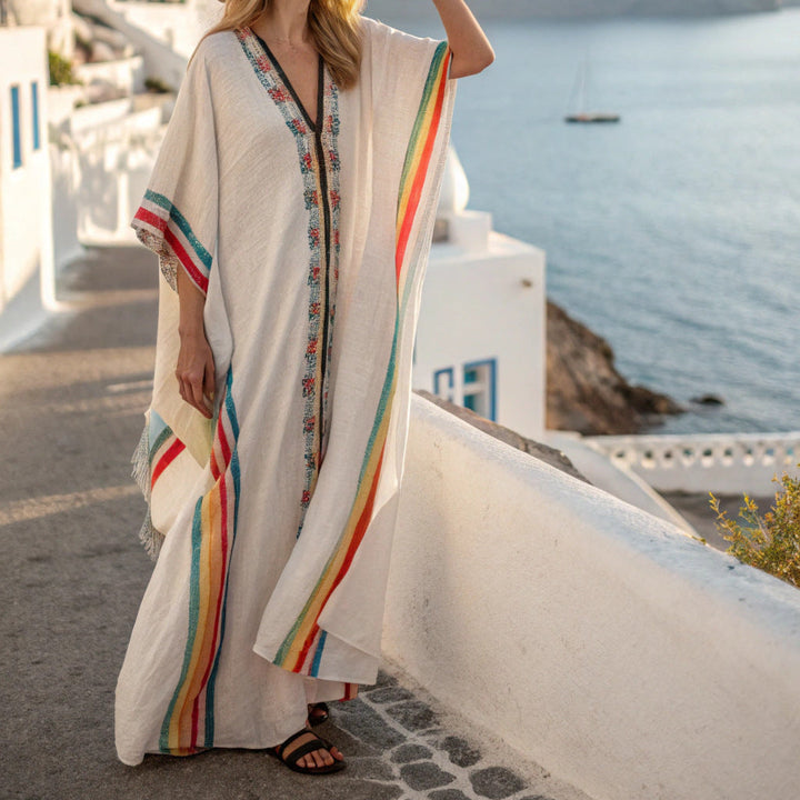 Five-quarter-sleeve Long Caftan Dress With Patch Pockets