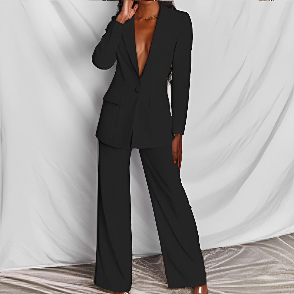2pcs Casual Suit Lapel Button-down Blazer Jacket And Straight-leg Pants Office Commuting Business Trousers Set Clothing
