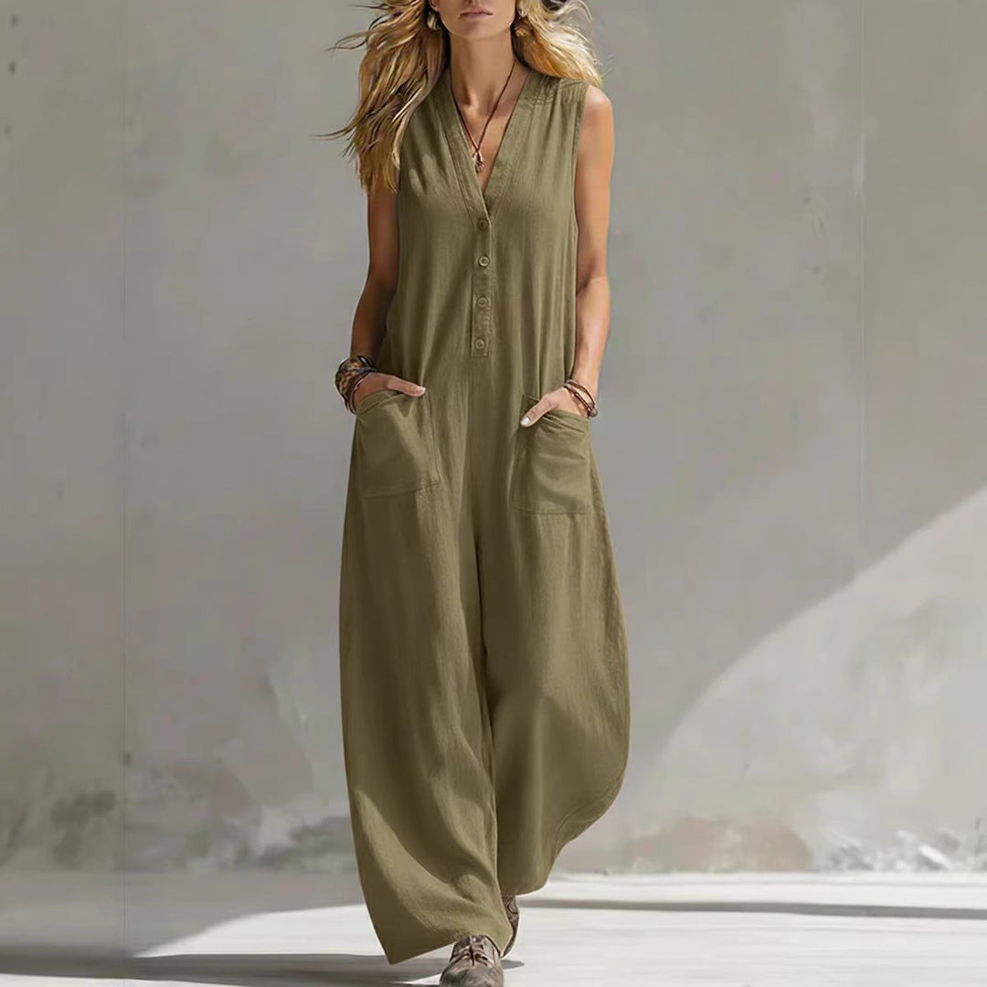SpringSummer Womens Casual Linen-Cotton Sleeveless Jumpsuit