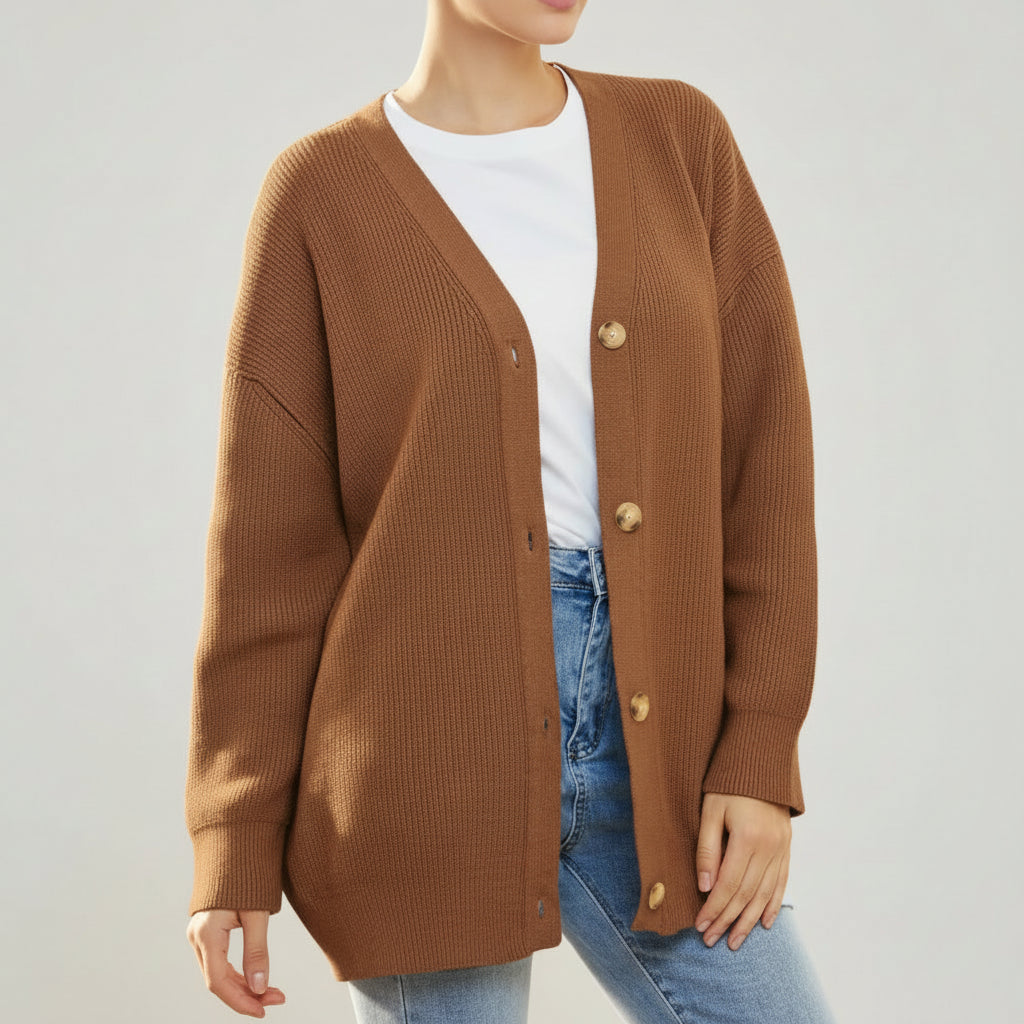 Oversized V-Neck Cardigan with Button Closure for Women