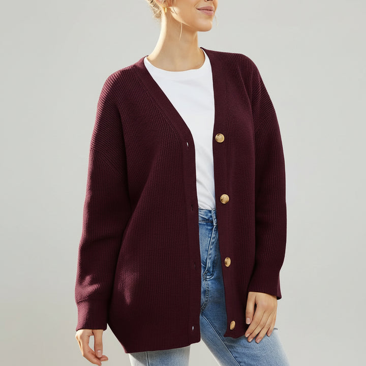 Oversized V-Neck Cardigan with Button Closure for Women