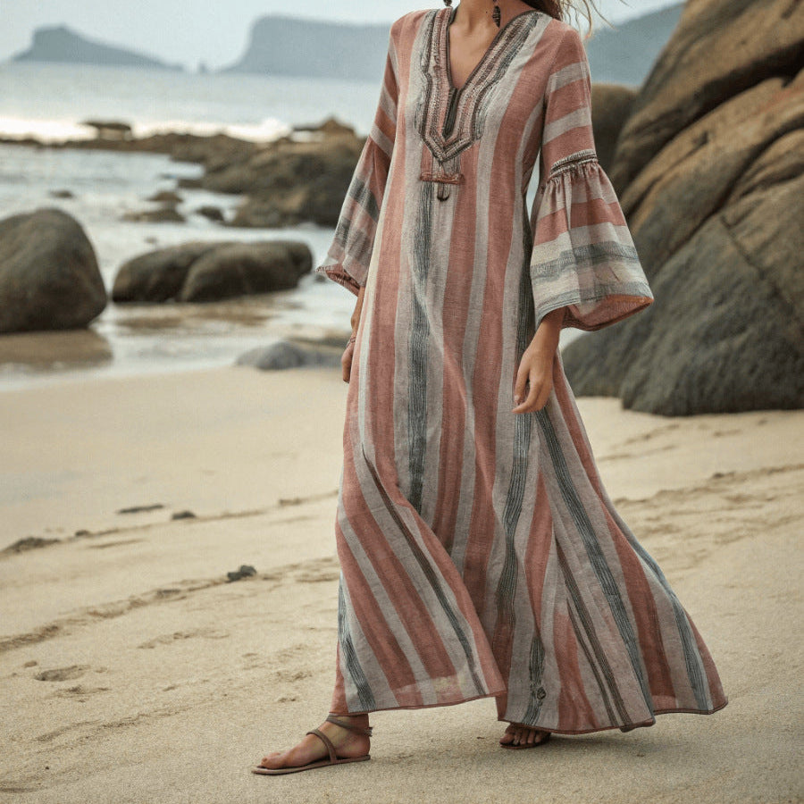 Five-quarter-sleeve Long Caftan Dress With Patch Pockets