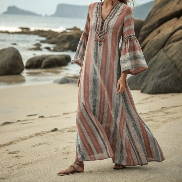 Five-quarter-sleeve Long Caftan Dress With Patch Pockets