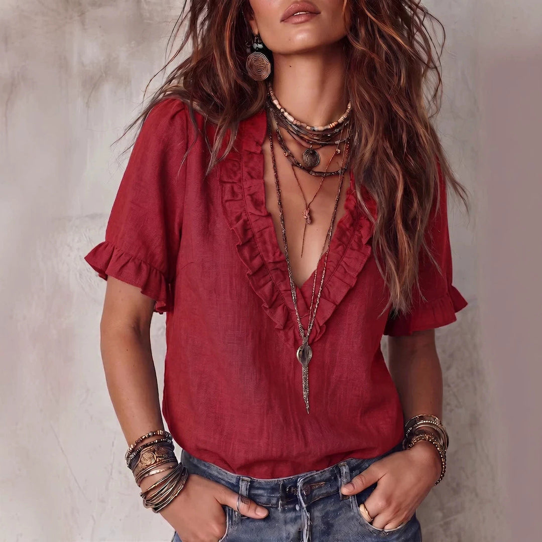 Cotton Pleated V-neck Casual Shirt Top Womens Clothing
