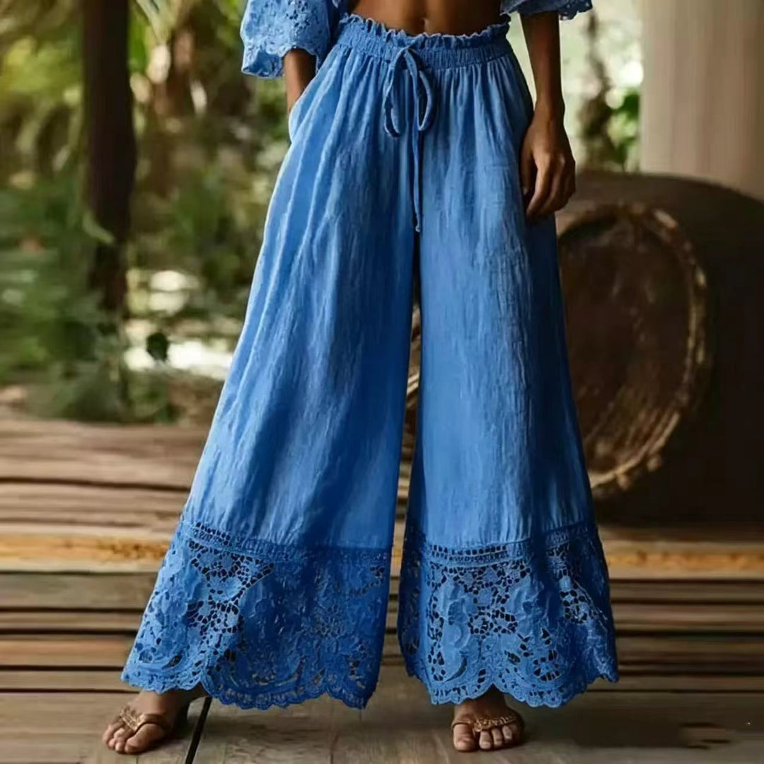Fashionable Solid-Colored Lace-Trimmed Womens Pants