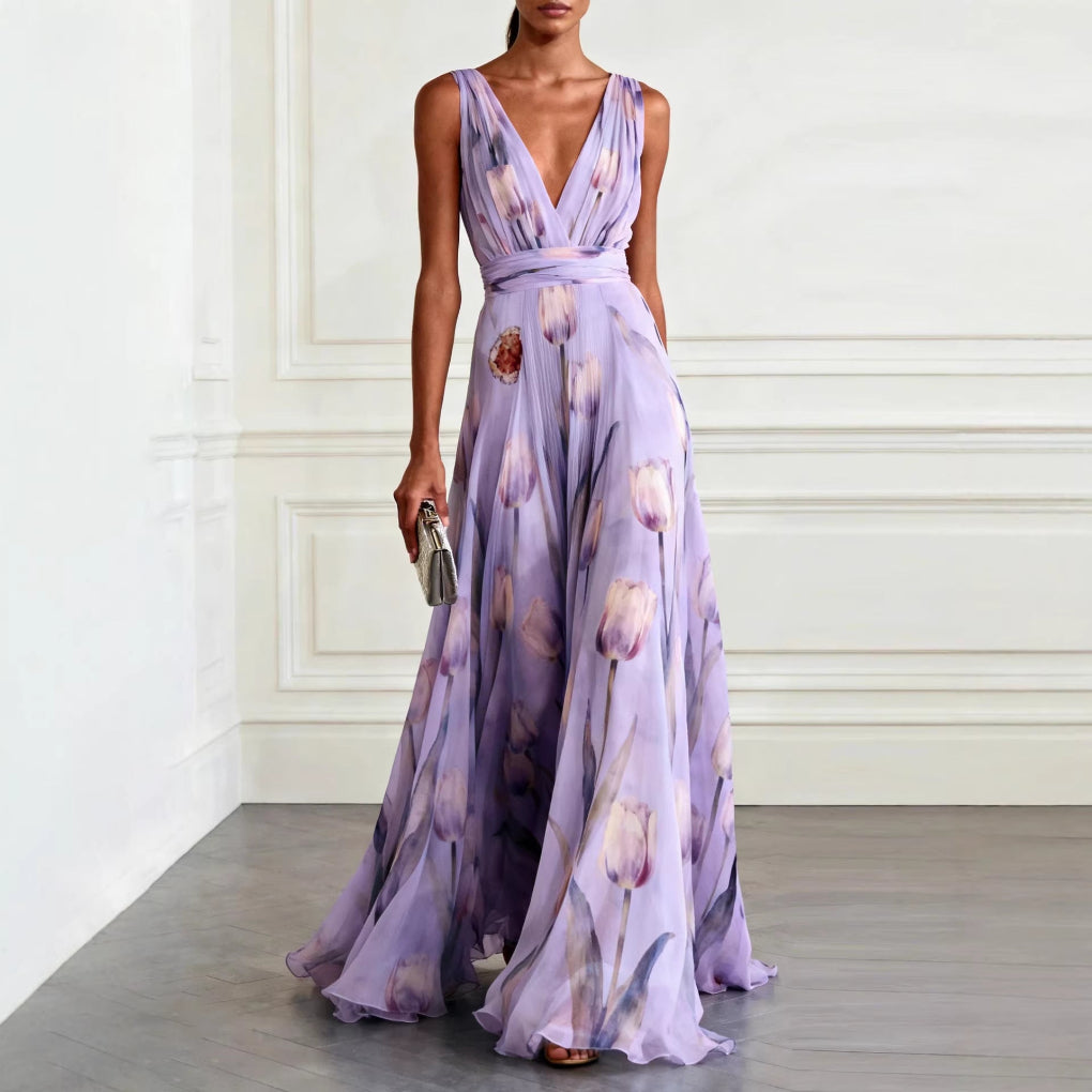 Bluesy Tulip-Print Gown Elegant Flowing Sleeveless V-Neck Chiffon Maxi Dress For Parties And Formal Events