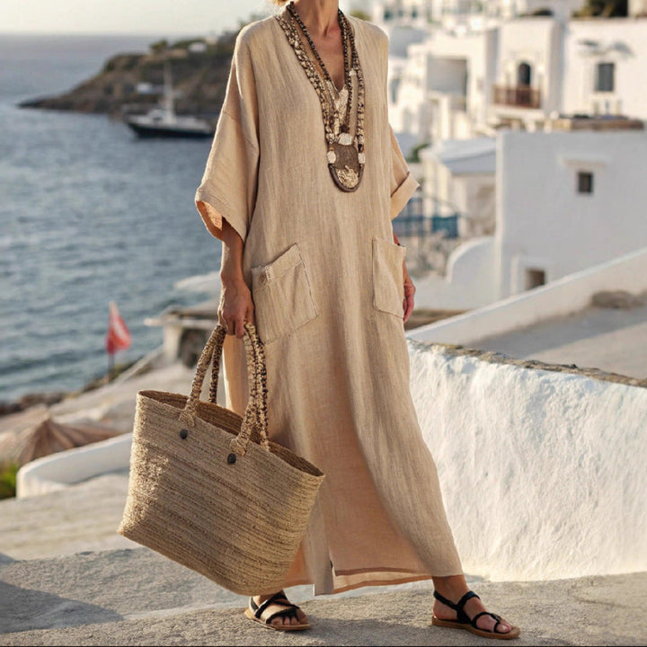 Five-quarter-sleeve Long Caftan Dress With Patch Pockets