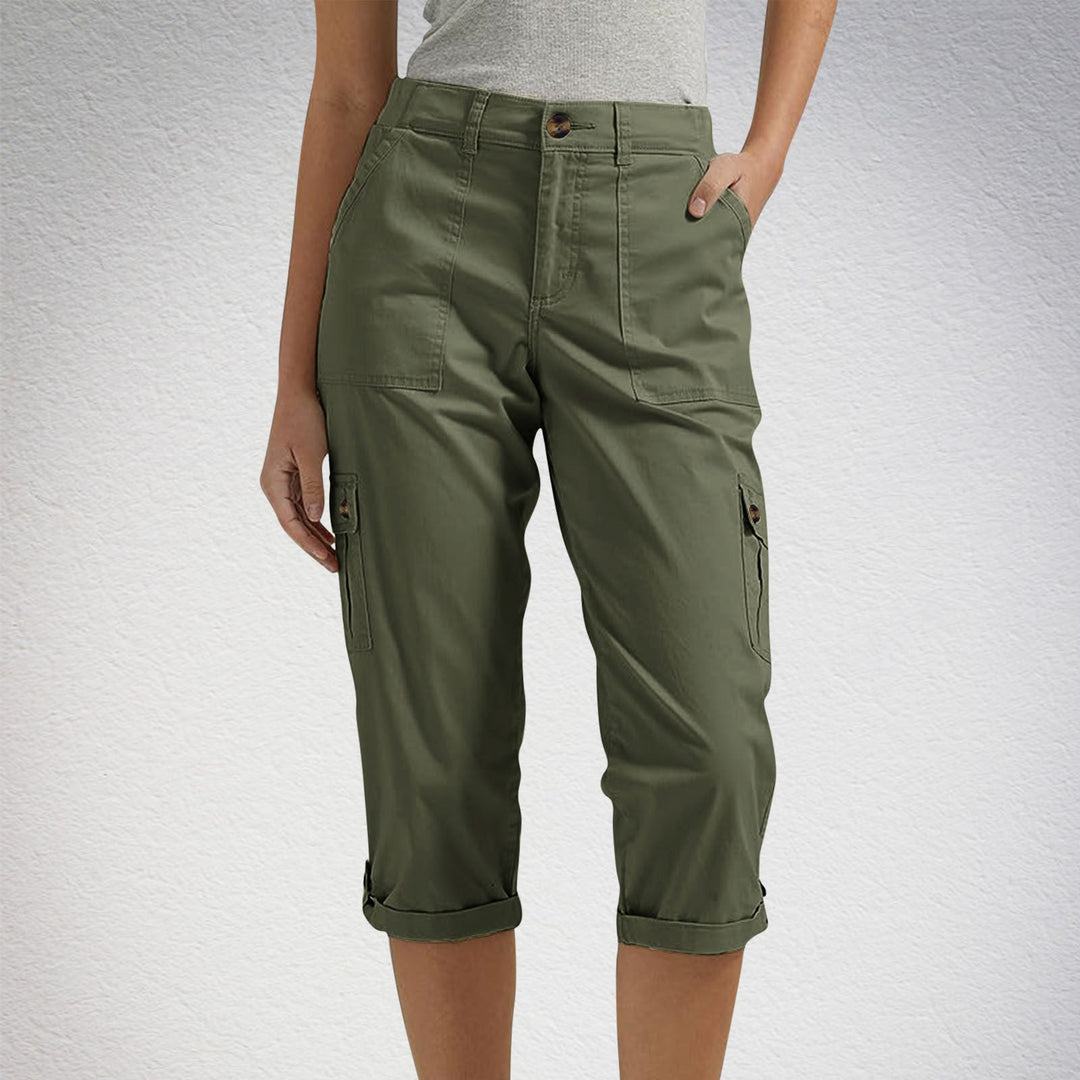 Solid Color Casual Cropped Pants - Women's High Waist Multiple Pockets Capri Trousers for Daily Wear