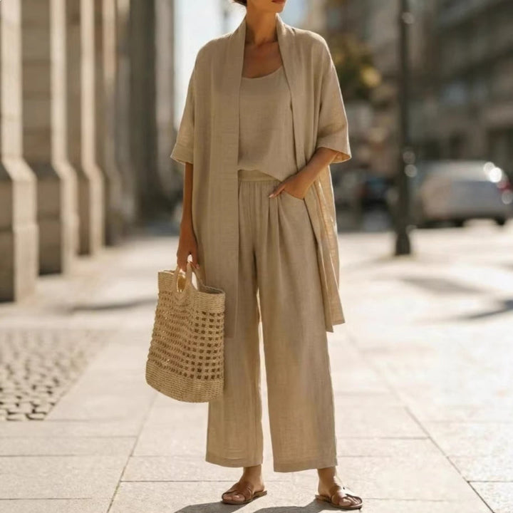 Three-piece Suit Women's Mid-length Cardigan Tank Top And Straight-leg With Pockets Fashion Trousers Set