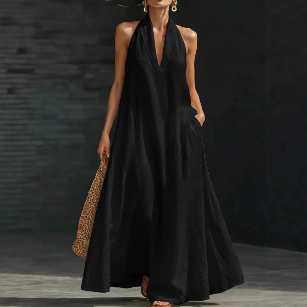 Casual V-neck Dress Halter Style Long Dress For Women&