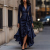 Women’s Satin V-Neck Dress with Cinched Waist and Ruffle Hem