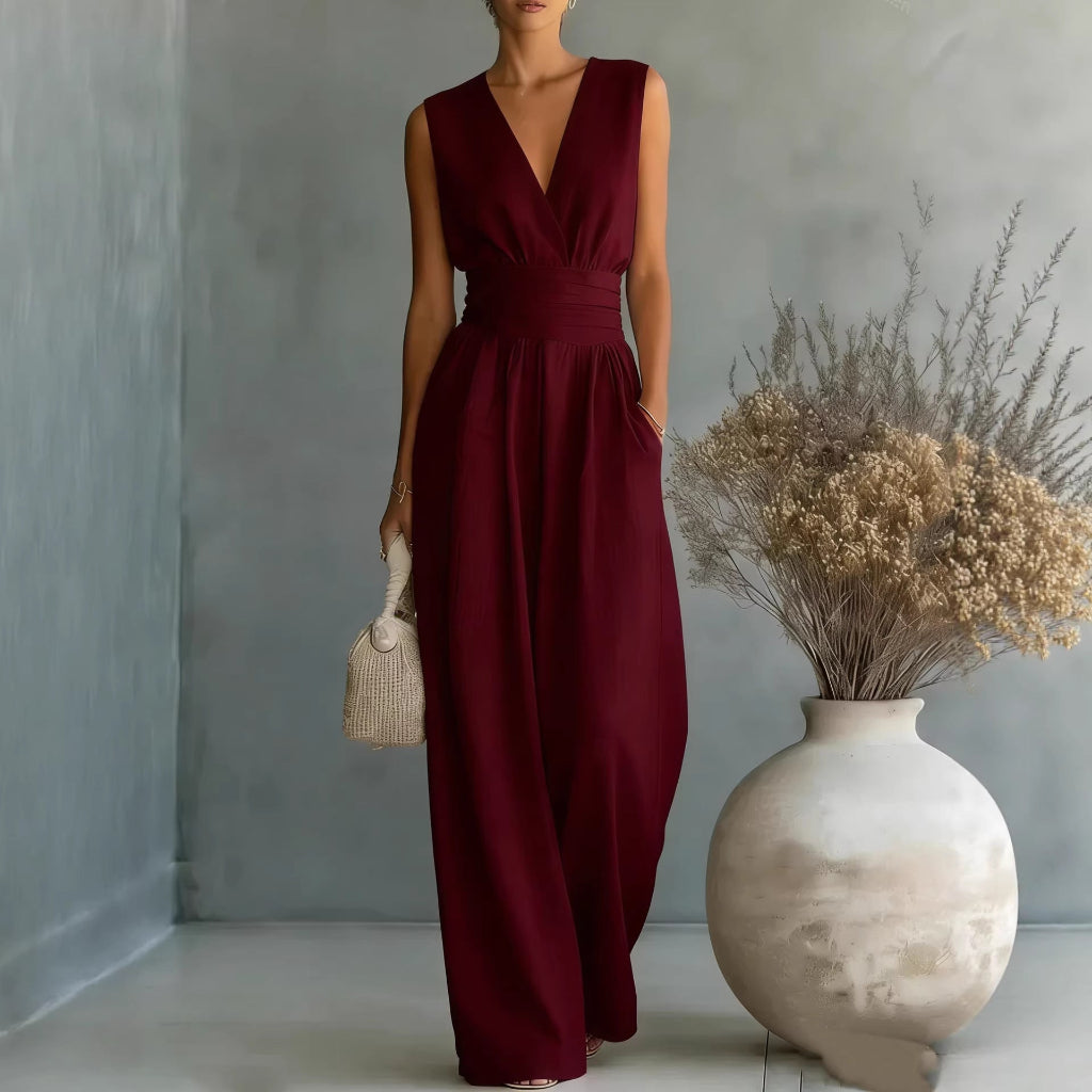 Womens Elegant Sleeveless Waist-Cinching V-Neck Sophisticated Jumpsuit