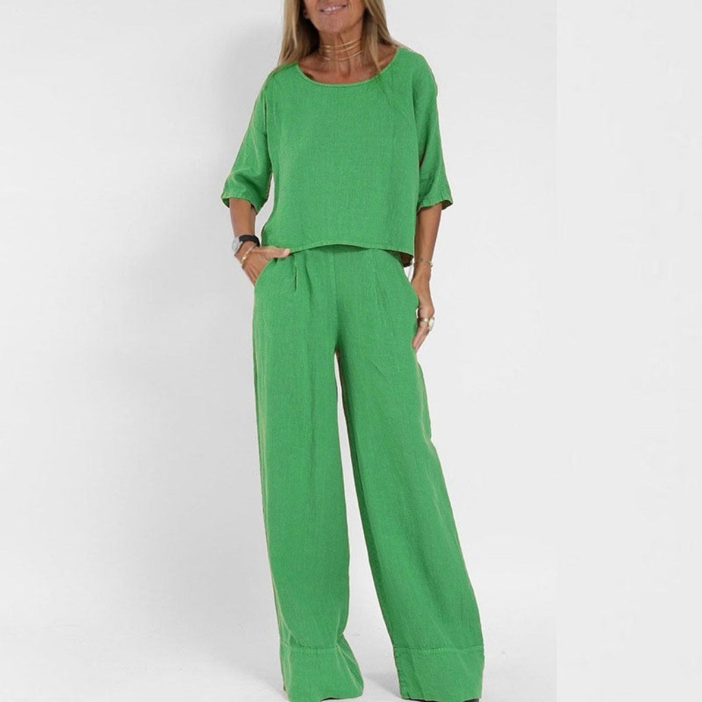 Women's Cotton And Linen Casual Cropped Sleeves Wide-leg Pants Suit