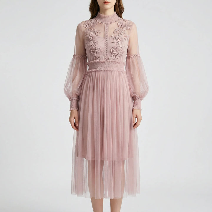 Blossamé - Floral Appliqué Mesh Midi Dress
