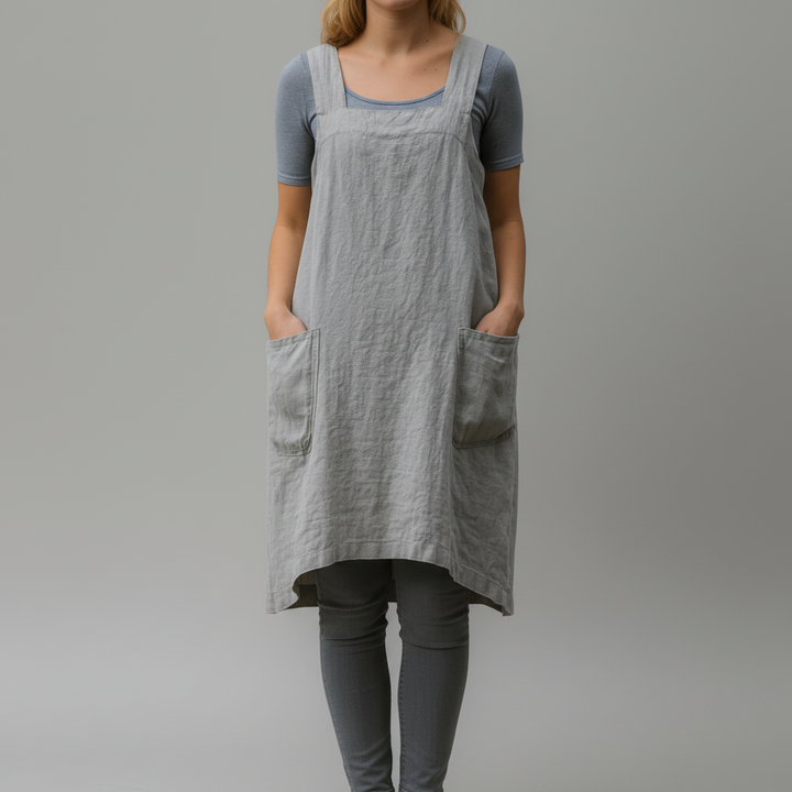 Cotton Linen Apron Style Dress with Pockets for Women