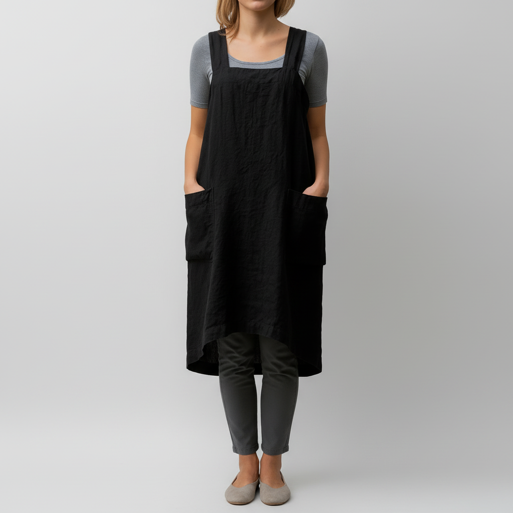 Cotton Linen Apron Style Dress with Pockets for Women