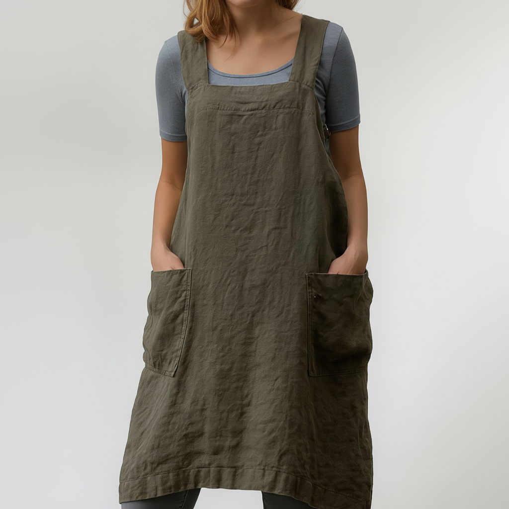 Cotton Linen Apron Style Dress with Pockets for Women