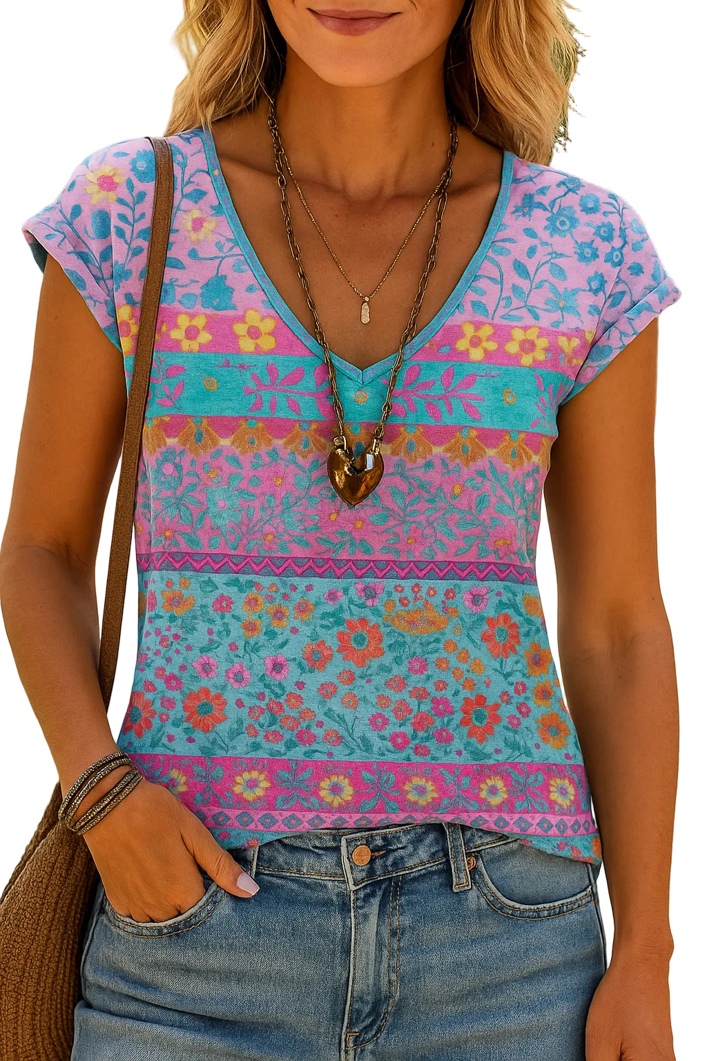 Casual T-Shirt with Floral Print and V-Neck