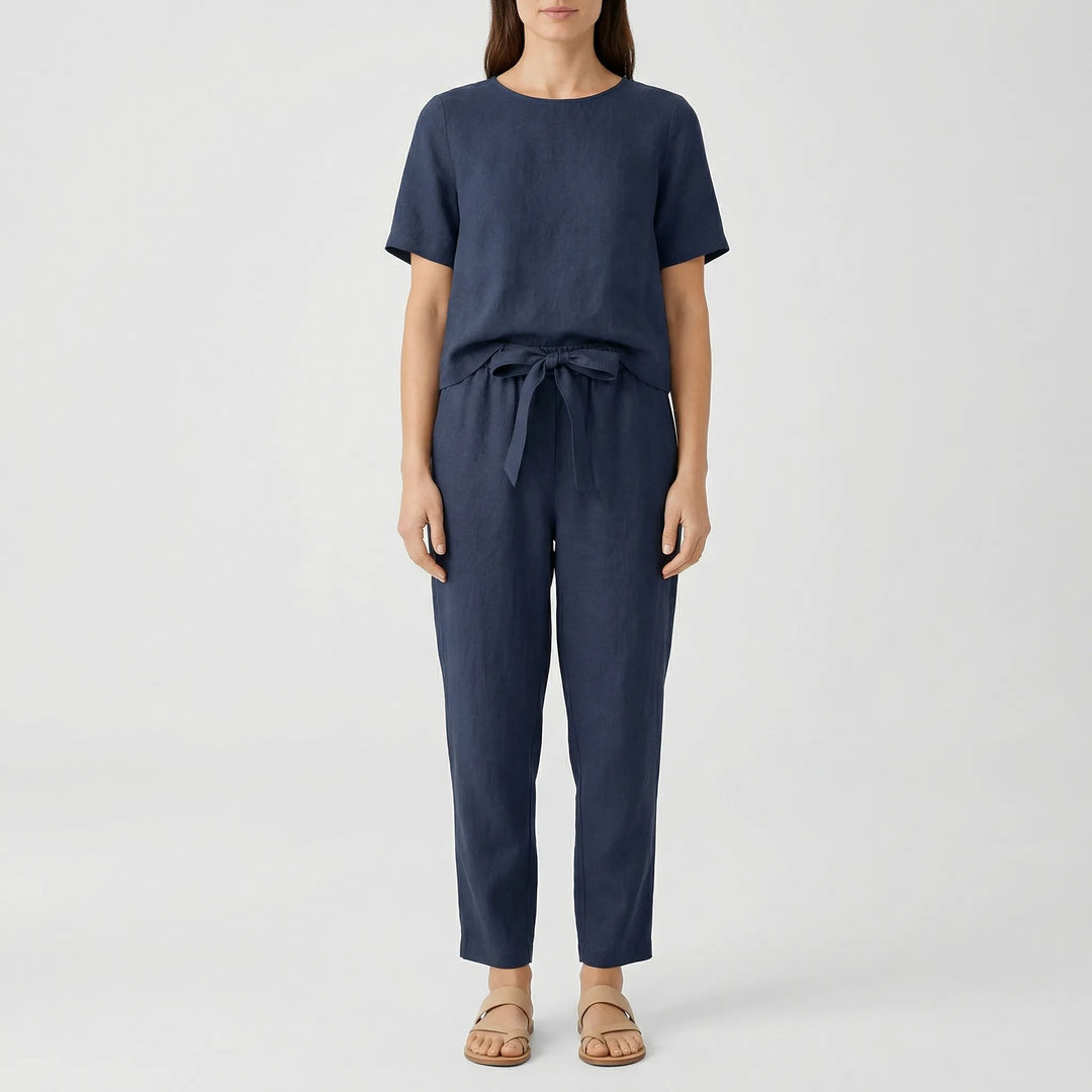 Coordra - Coordinated Short-Sleeve Top And Pants Set