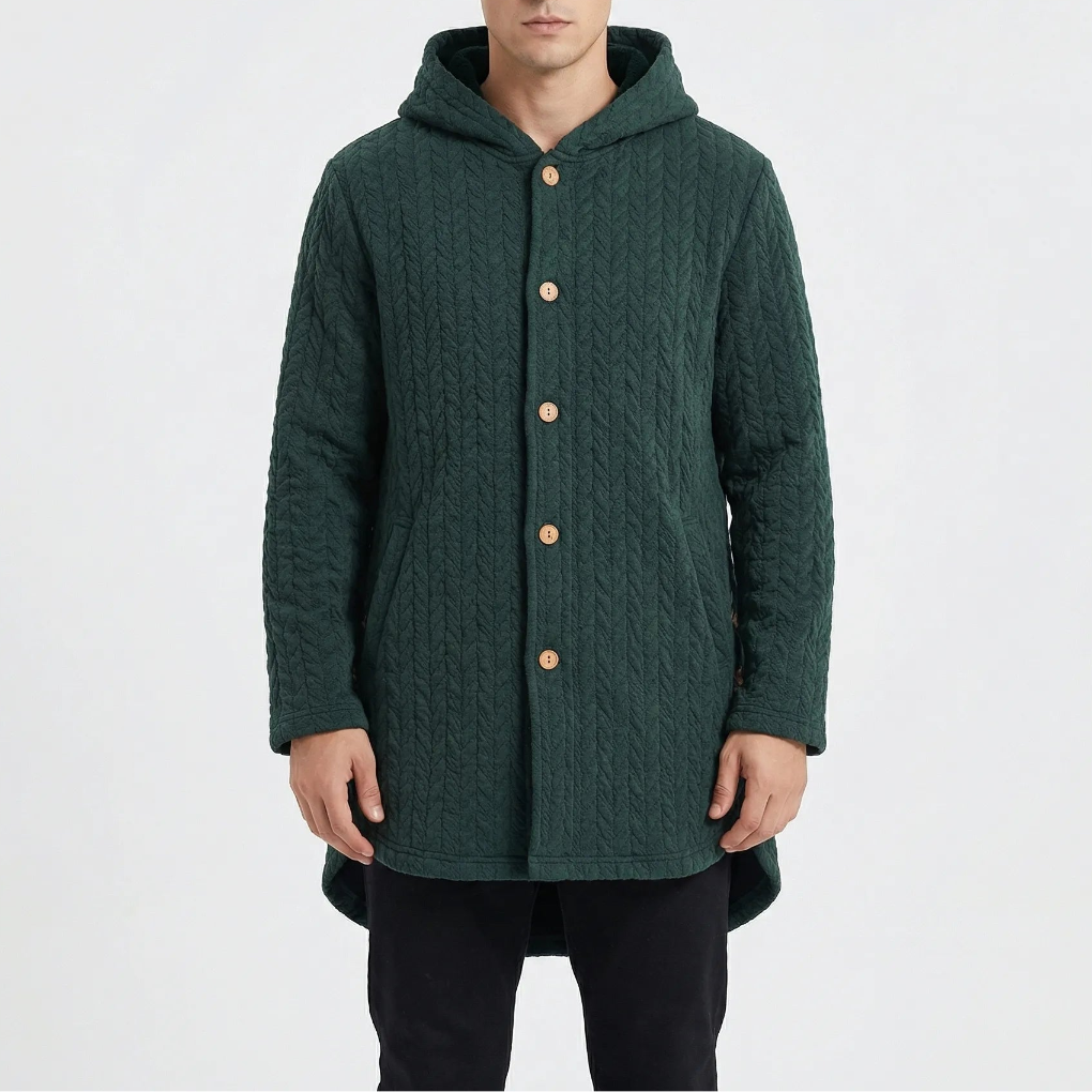 Cozwyn - Hooded Button-Front Textured Coat
