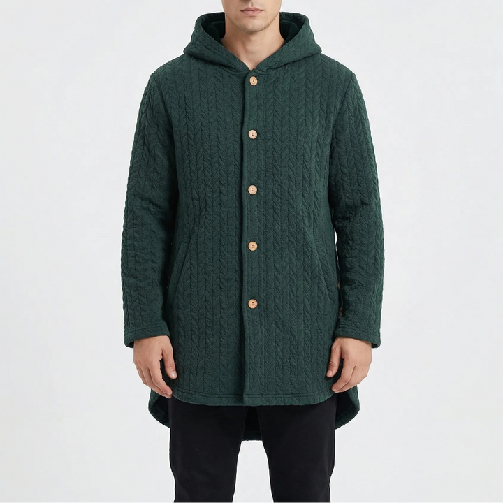 Cozwyn - Hooded Button-Front Textured Coat