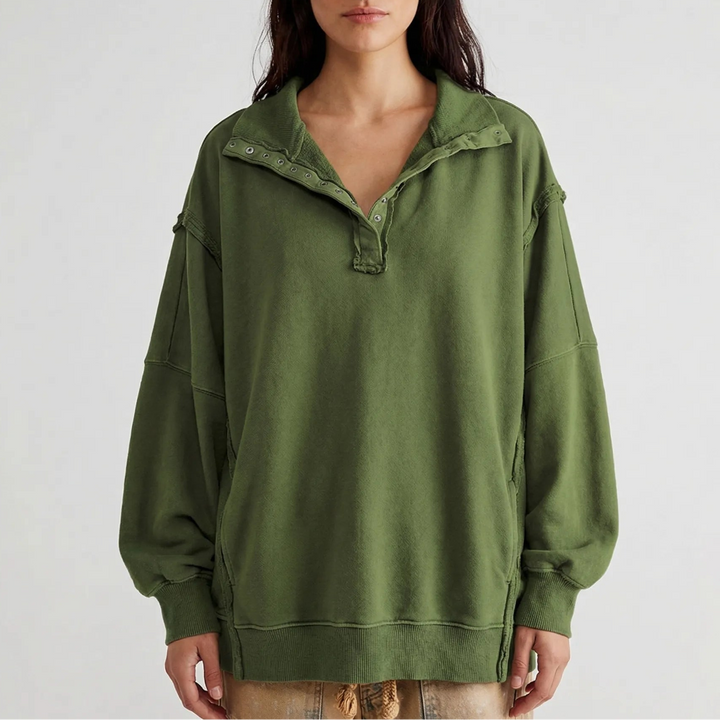 Drapova - Oversized Henley Pullover With Side Split
