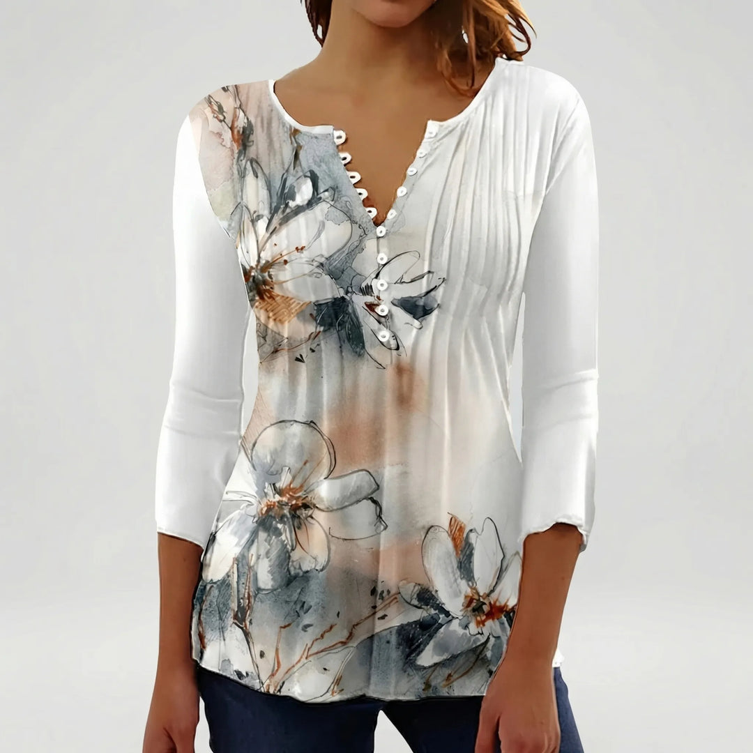 Floravia - Floral Print Women's Button-Neck Blouse