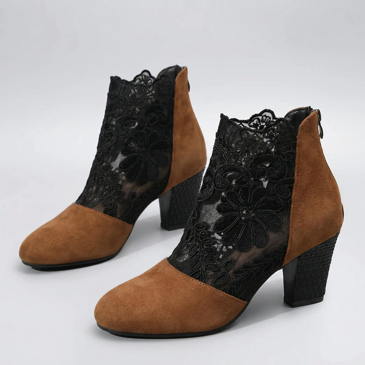 Florenta - Embroidered Lace Ankle Bootie With Block Heel