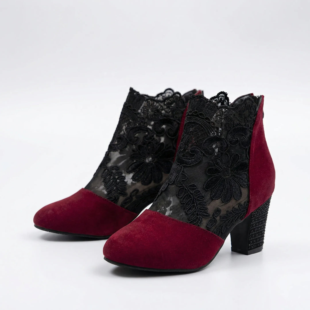Florenta - Embroidered Lace Ankle Bootie With Block Heel